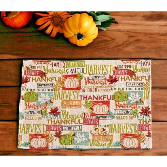 Tapestry Placemats 13" x 18" Harvest Autumn Fall Words Thanksgiving Set Of 2 - Picture 1 of 8